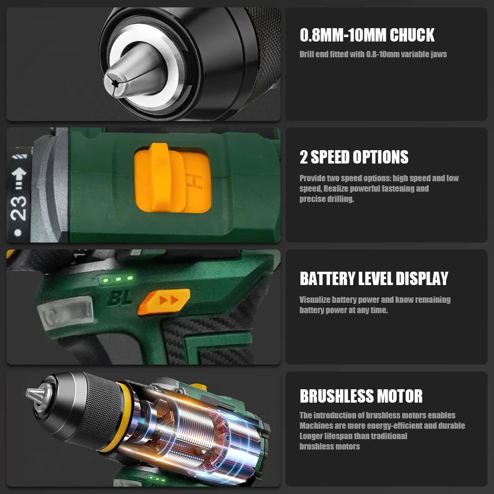55N.M Torque Brushless Electric Impact Drill 10MM Metal Ratchet Chuck 23+1 Cordless Drill Electric Screwdriver DIY Power Tools