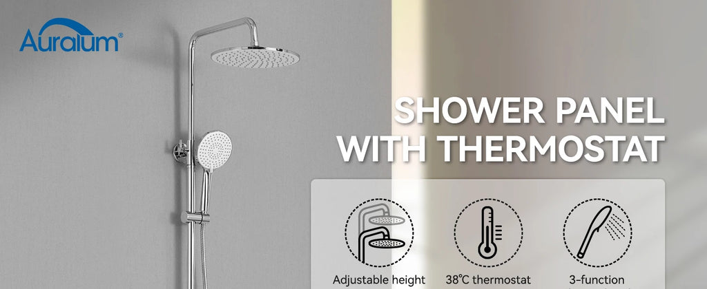 Auralum Shower Column With Thermostatic Tap, 38°C Brass Mixer, Shower Head 25 × 25 Cm, Height Adjustable 102-125cC, Chrome