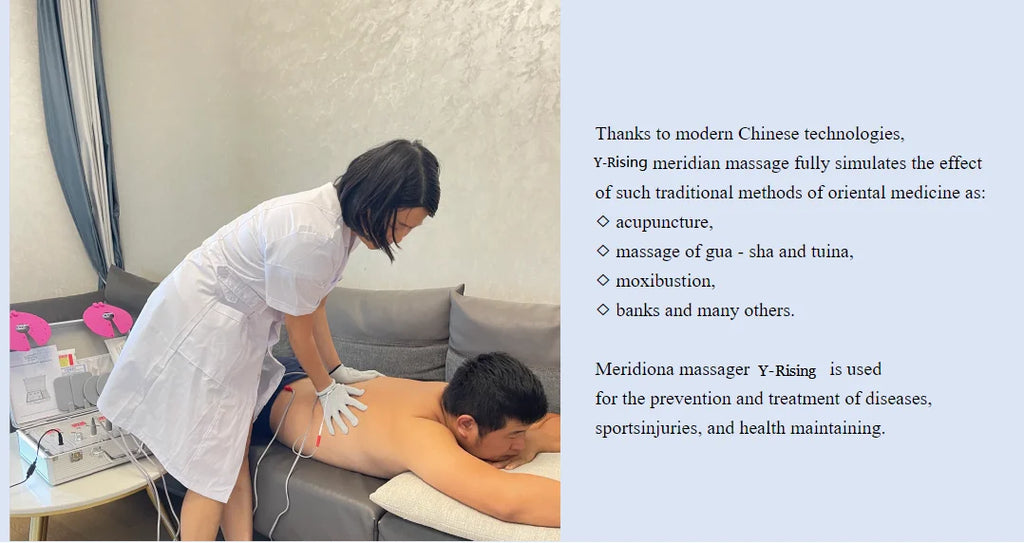 Therapist using DDS bioelectrical body massager with conductive gloves for meridian electrotherapy on a client's back.