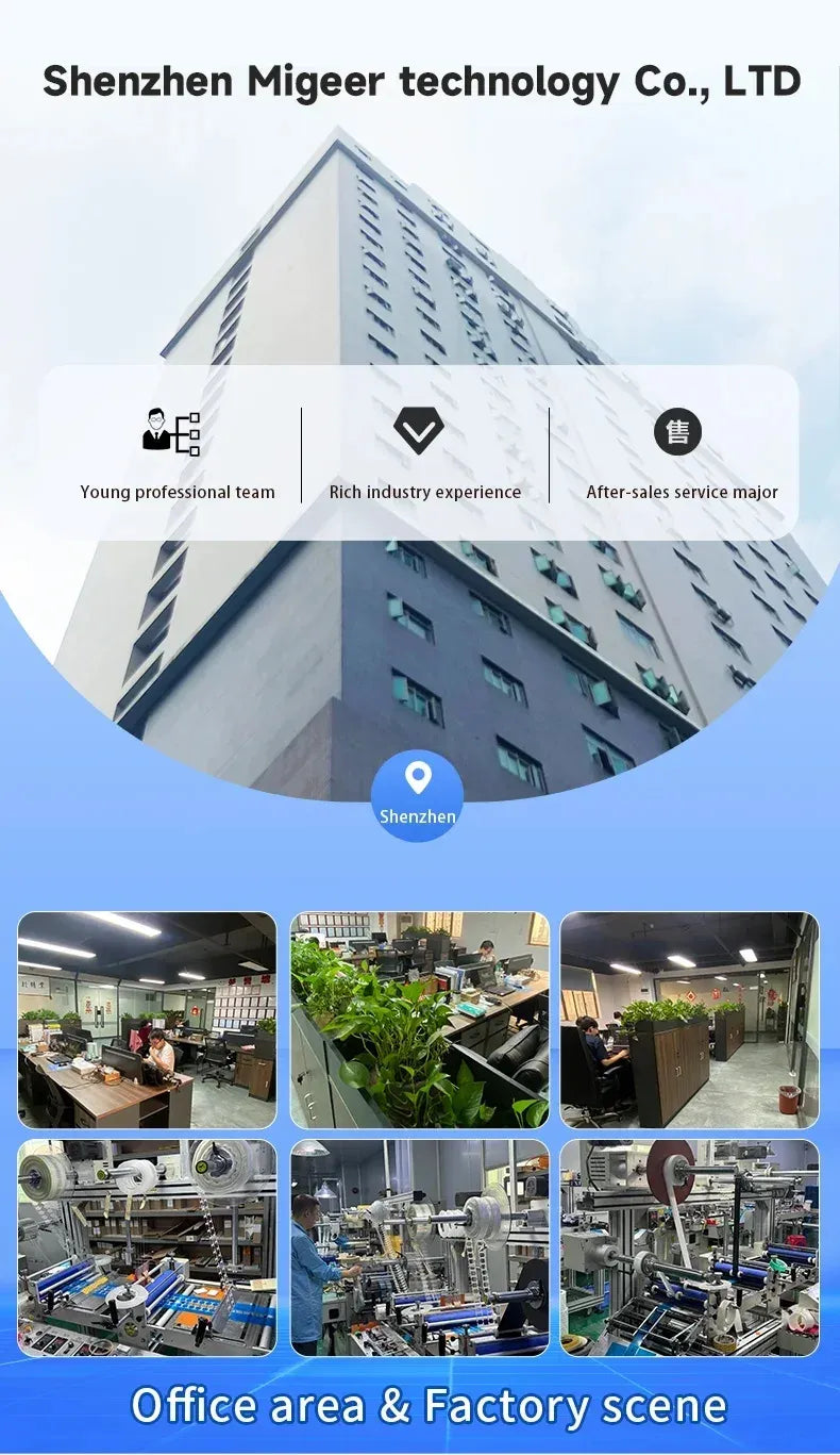 Promotional factory scene with label-printing equipment and company building