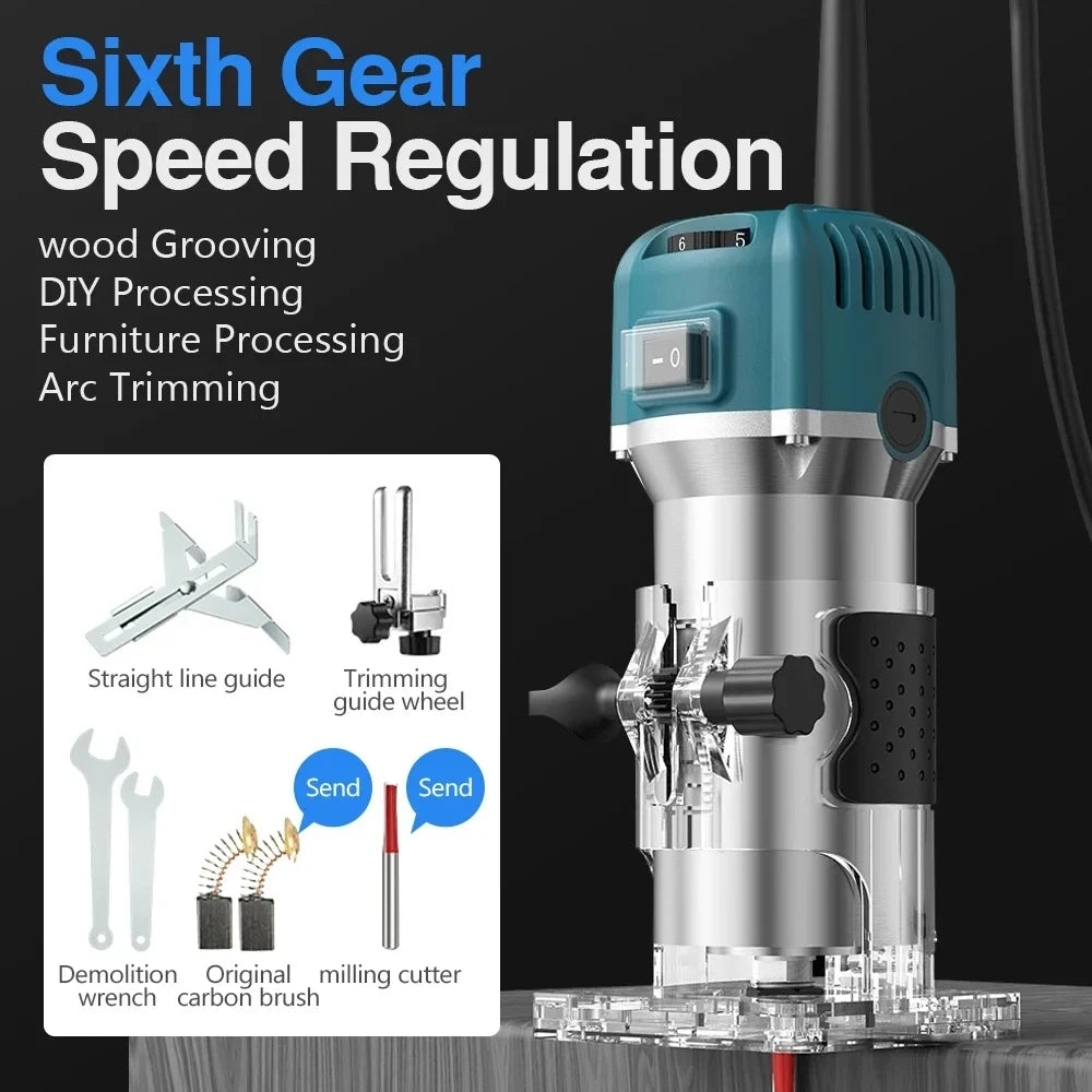 6.35MM Electric Trimmer Wood Milling Engraving Slotting Machine Versatile Woodworking Router Power Tool with Milling Cut