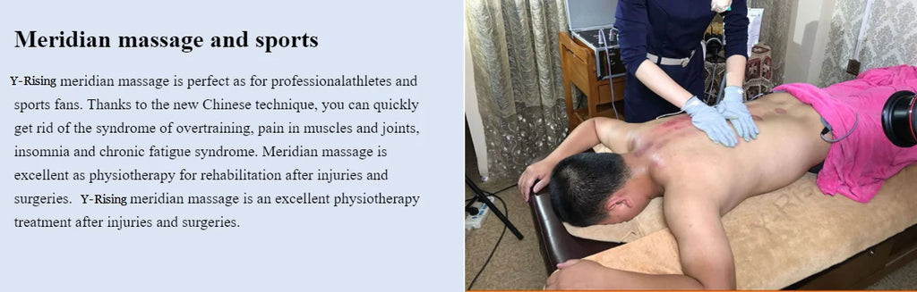 Therapist using DDS bioelectrical body therapy device with conductive gloves for meridian back massage and pain relief.