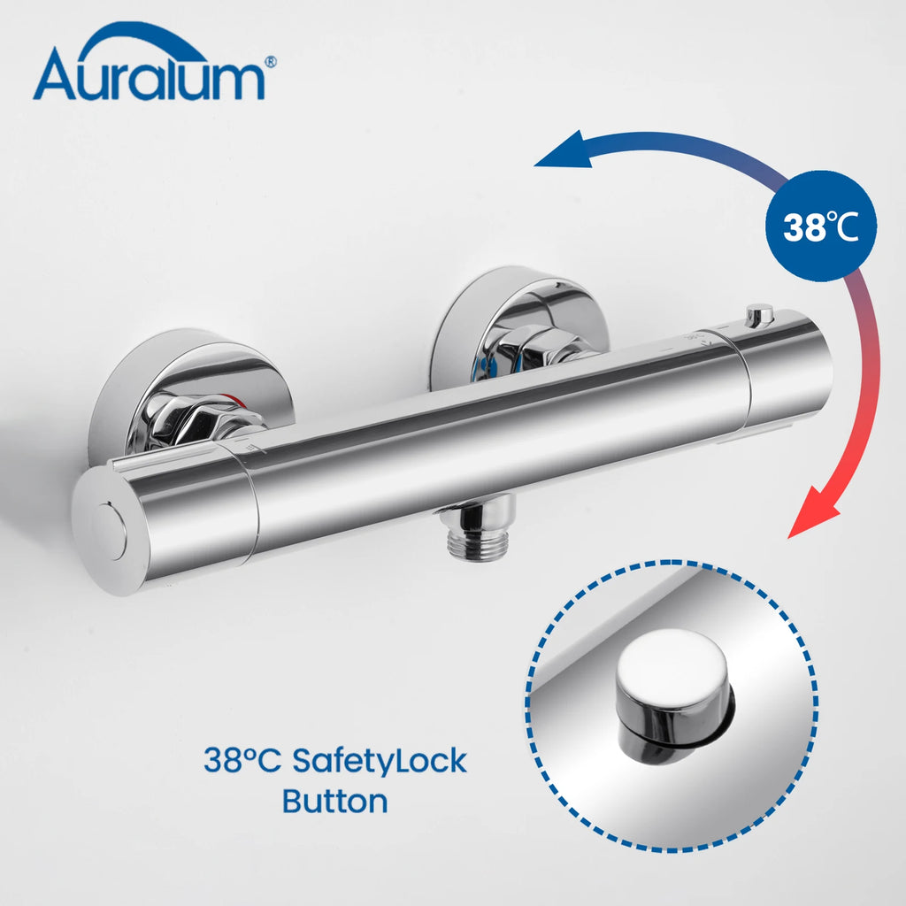 Auralum Thermostatic Shower Faucet, Chrome Mixer with Safety Lock 38°C, G1/2 Thermostatic Cartridge, Anti-Limescale, Anti-scald Protection