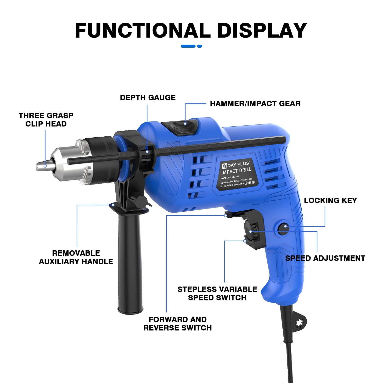 Electric Corded Impact Drill 2-in-1 Function 850W Hammer Drill, 0-3000 RPM Variable Speed Hammer Drill with 360° Rotating Handle, Powerful Drilling for Concrete, Wood, Steel, Stones