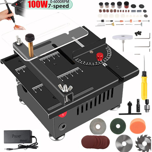 Black mini table saw with 16mm blade, red control knob, accessory set on display
