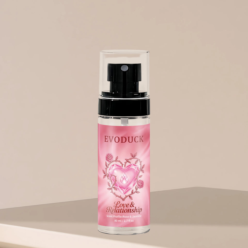 Evoduck Love & Relationship Rose & Jasmine body mist for women, 2.7oz travel-size spray in a cylindrical clear bottle.