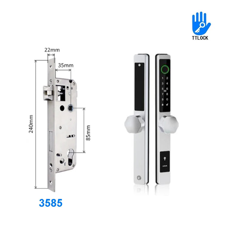 3CM Width Waterproof Aluminum Door Lock Bluetooth Fingerprint Digital Code TTLock Smart Sliding Door Lock 2885 3585 4585 Mortise