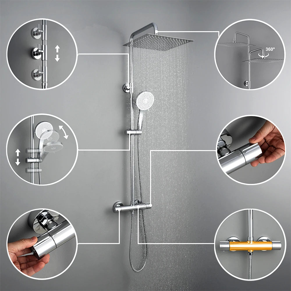 Auralum Shower Column With Thermostatic Tap, 38°C Brass Mixer, Shower Head 25 × 25 Cm, Height Adjustable 102-125cC, Chrome