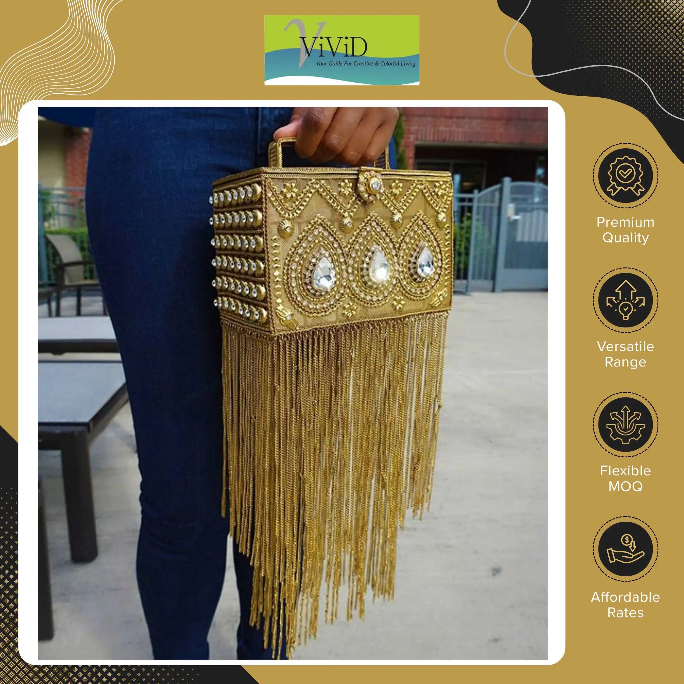 Vivid Elegant Design Premium Quality Luxury Metal Beaded Stylish Women Clutch Handbags Customizable Lightweight Carry Style Silk