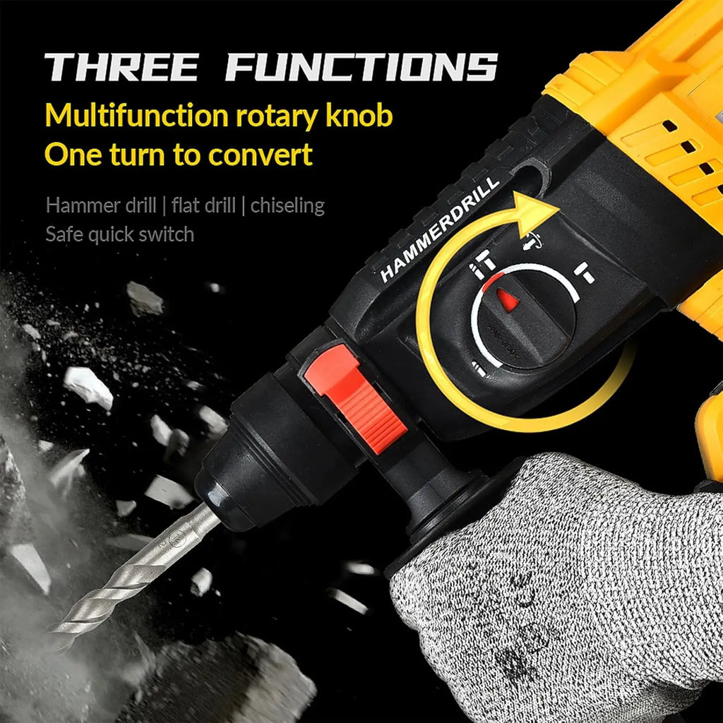 26MM Brushless Electric Hammer Drill Cordless Rotary Hammer High Power Rechargeable Power Tool Multifunctional Impact Drill for Concrete Wood Metal Compatible with Dewalt 18V Battery Home Workshop Construction Use
