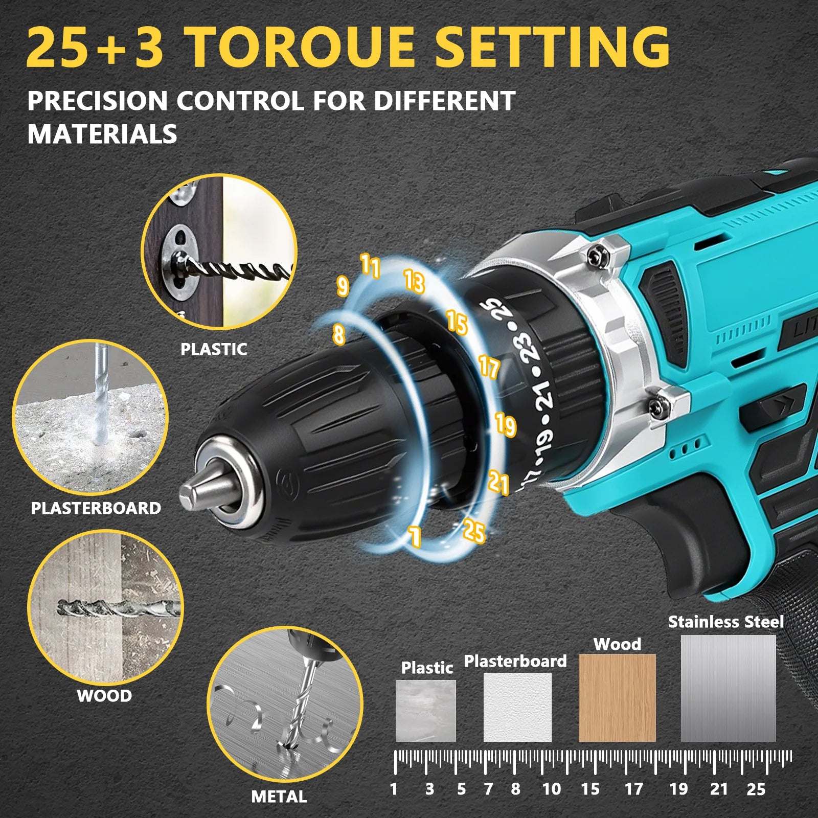 21V Cordless Drill Driver Set 29PCS 35Nm Electric Drill 3/8 Inch Keyless Chuck 25+3 Clutch Variable Speed With 2pcs Batteries