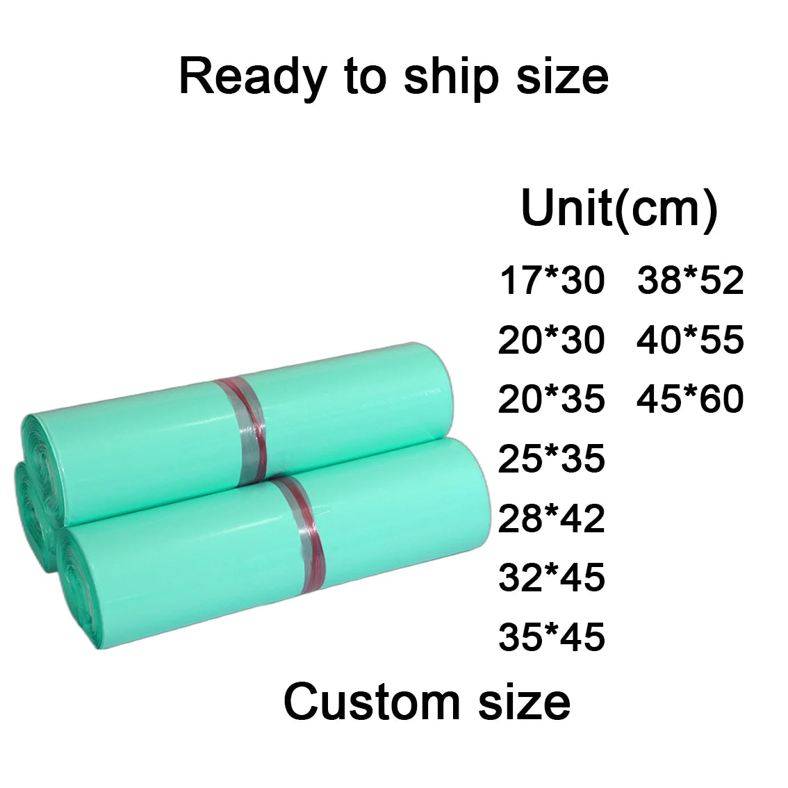 Rolled turquoise green plastic polymailer mail bags for shipping clothing