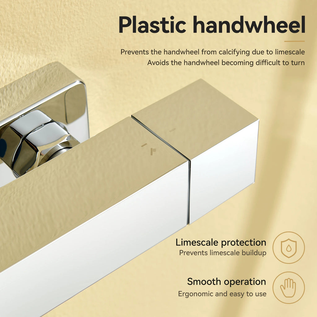 Square Thermostatic Shower Mixer Valve, Chrome Finish, Wall Mounted, 38°C Safety Lock, G1/2 Connection, Automatic Control