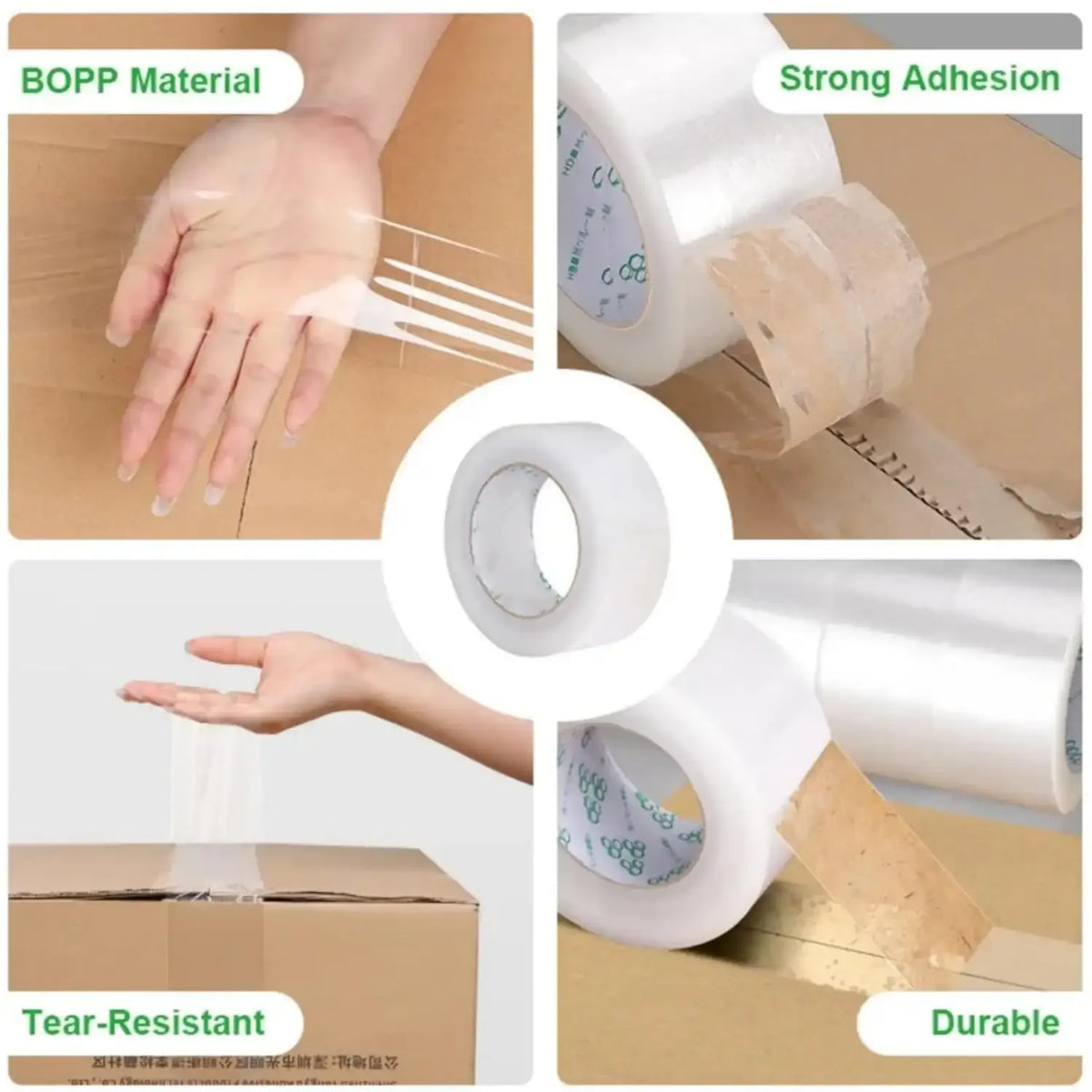 Clear packing tape roll sealing cardboard box with hands applying tape