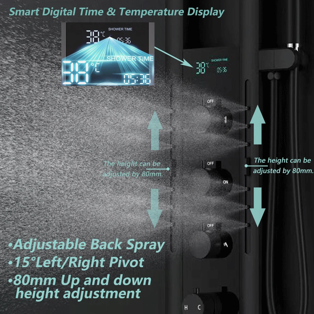 Bathroom Light Shower Faucet Panel LED Digital Display Shower Faucet Set Shower Screen Waterfall Wall Mounted Shower System Set