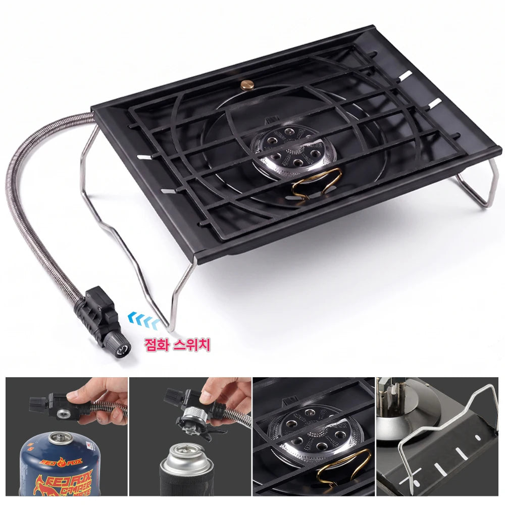 Portable camping stove with black grate, circular burner head, and connected fuel hose