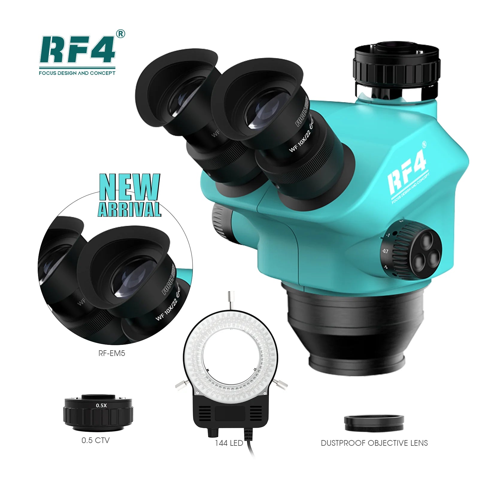 Teal trinocular microscope head with 10x/22 eyepieces, 144 LED ring light, 0.5 CTV lens, and dustproof objective lens.