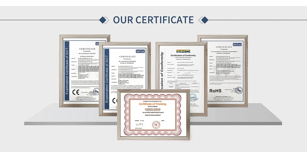 Safety and quality certificates for professional Picosecond Laser Tattoo Removal Machine with CE and RoHS compliance.