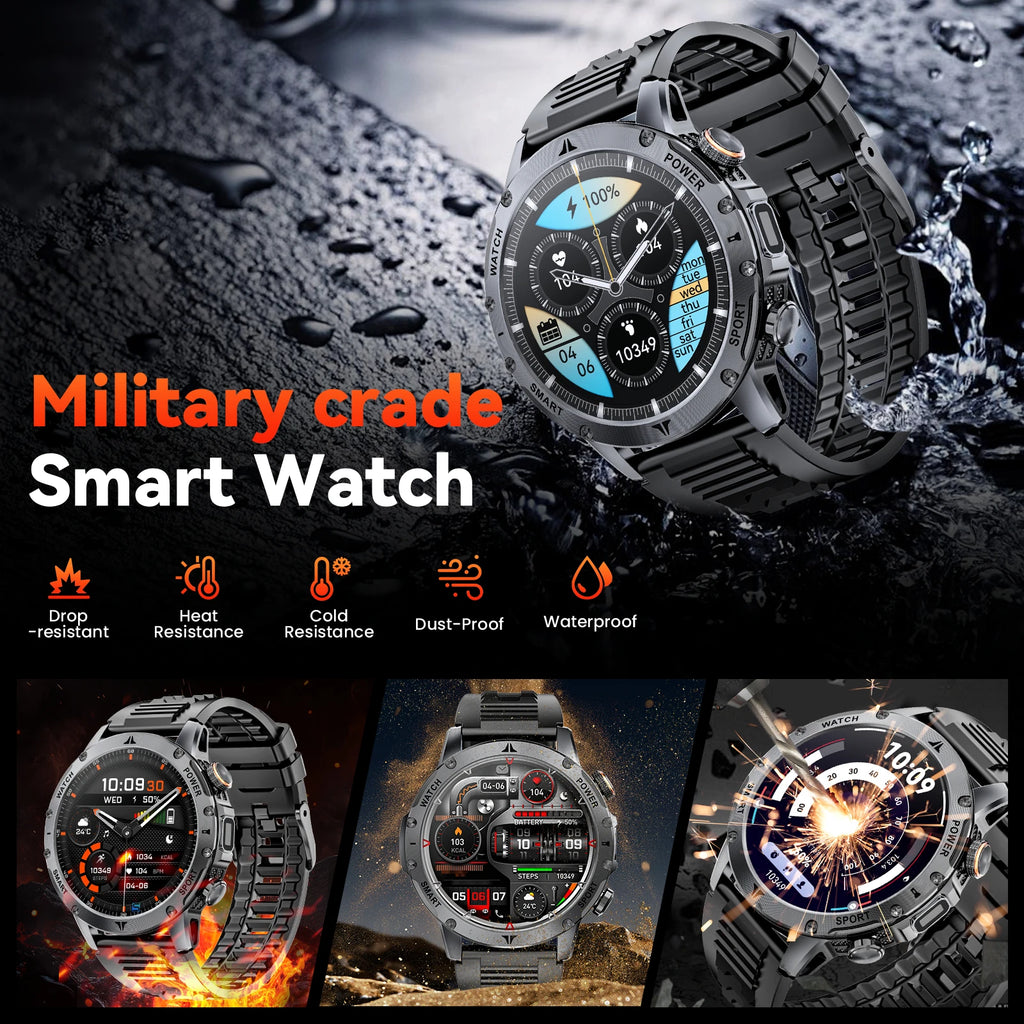Men Military Smart Watch 1100mAh Large Battery 30 Days Standby Bluetooth Call Flashlight Compass 1.7" TFT HD 360*360 Screen IP68 Waterproof Sports Smartwatch 100+ Sport Modes Heart Rate Sleep Monitor Fitness Tracker For Andro