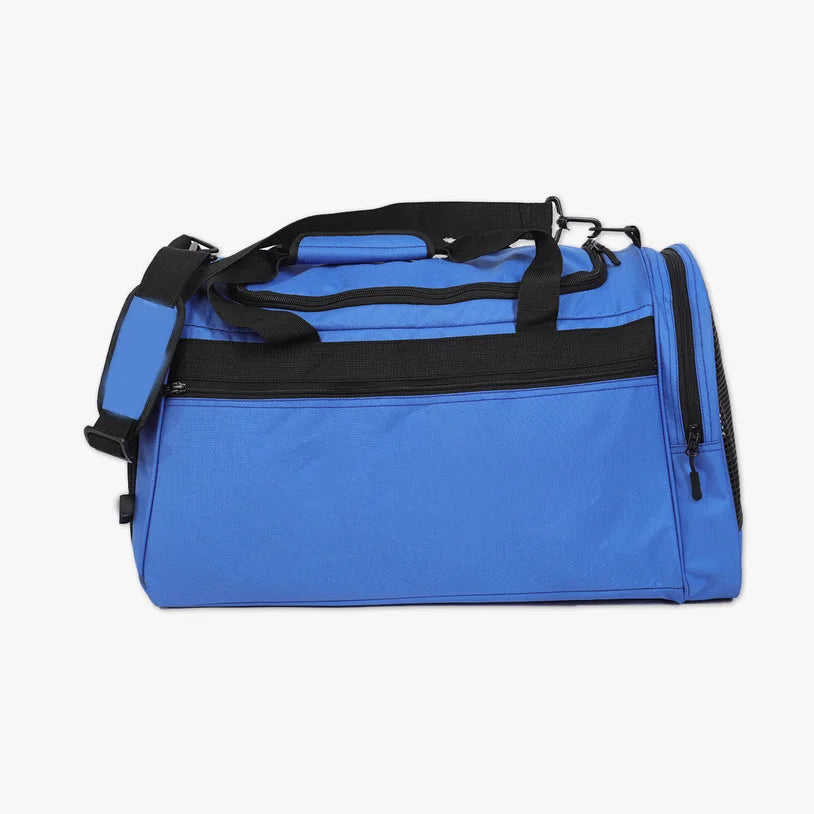 Blue nylon travel duffel bag, large gym trunk with black straps, crossbody shoulder strap, and side zipper pockets.