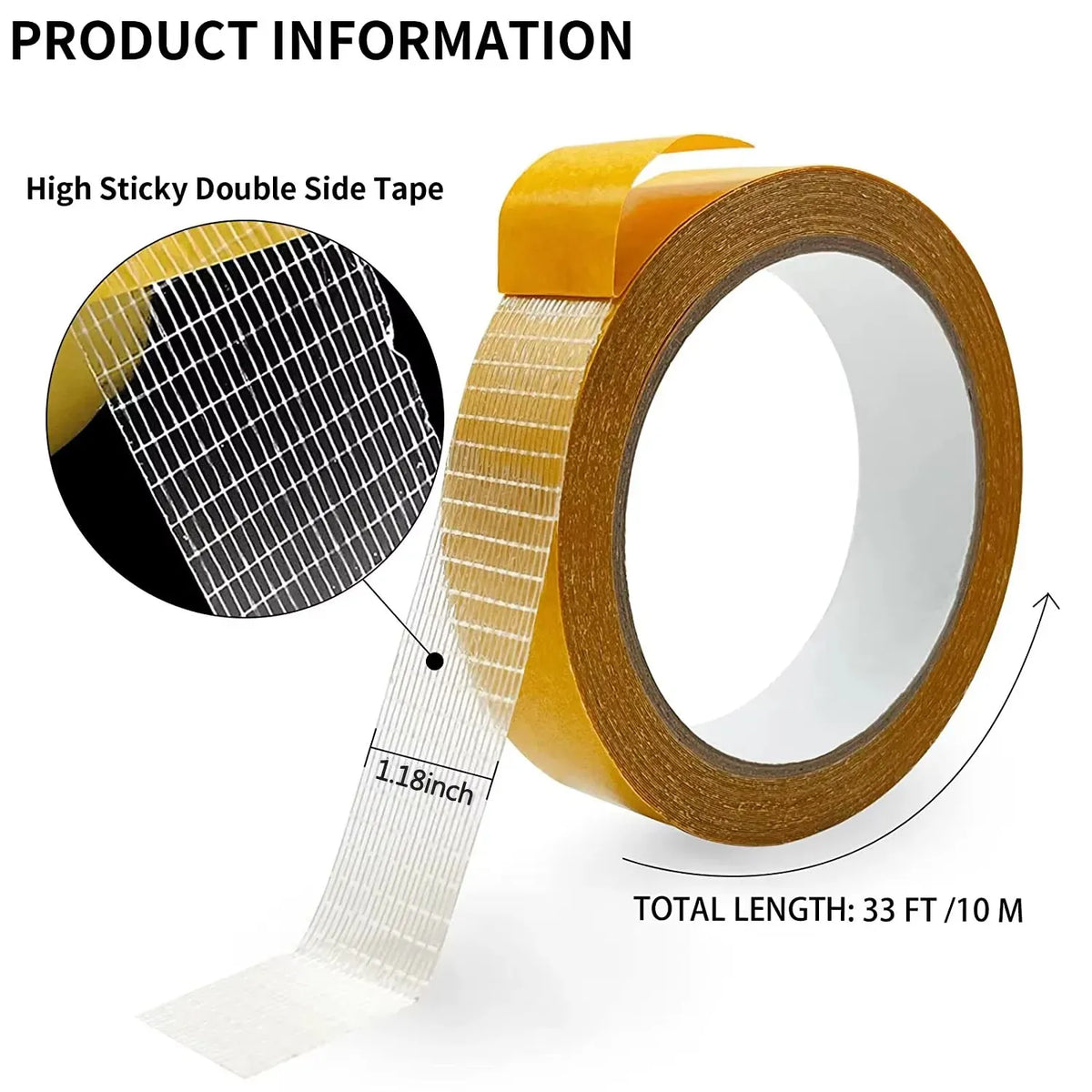 Yellow double-sided carpet tape roll with extended adhesive strip