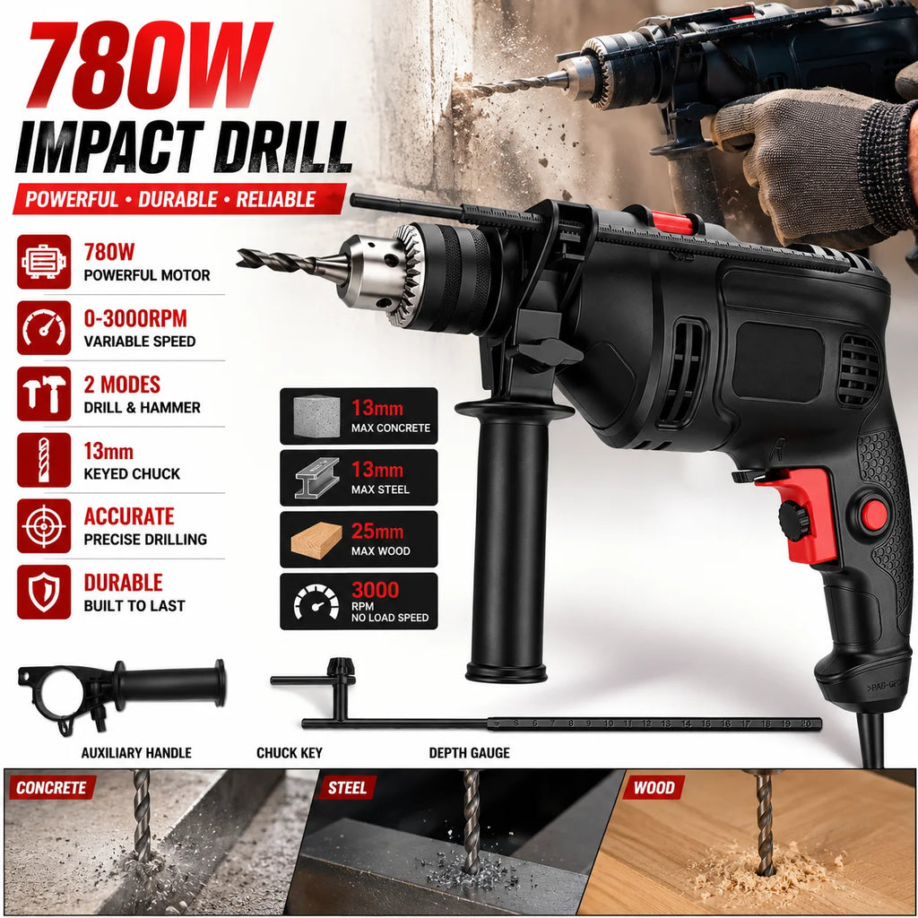 780W Electric Hammer Drill 13mm Variable Speed Corded Impact Drill, Dual Mode Drill Driver for Concrete, Wood, Steel with Auxiliary Handle Hole Drilling Power DIY Tools