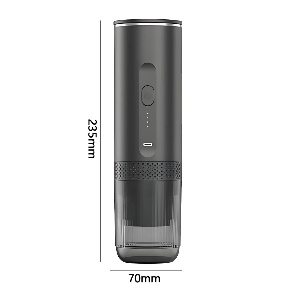 Matte black portable electric coffee maker, 235mm x 70mm, with power button, indicator lights, and transparent base.