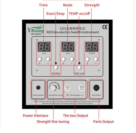 DDS bioelectric therapy device control panel with digital time, mode, and strength settings for home massage use.