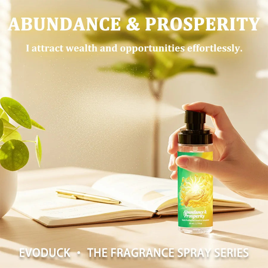 Evoduck Abundance & Prosperity 2.7oz body spray for women. Patchouli & cinnamon travel-size mist in a cylinder bottle.