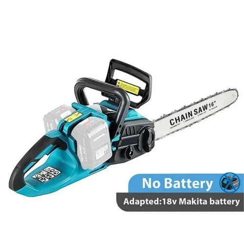 Cordless 16 in chainsaw with teal and black body, front handguard, no battery included