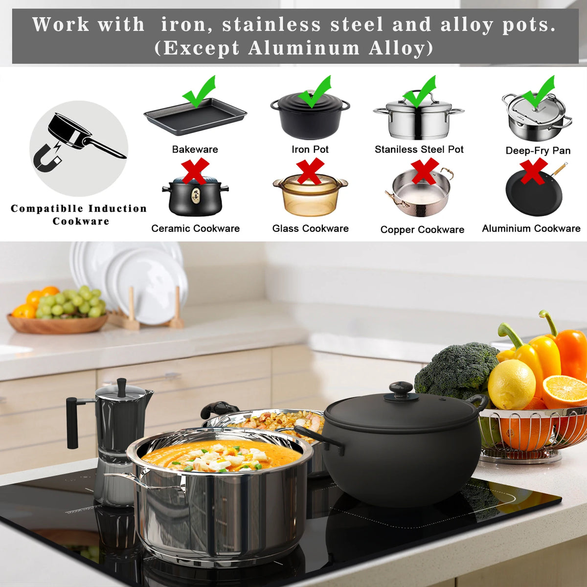 Black induction cooktop with cookware compatibility icons and pots on the surface