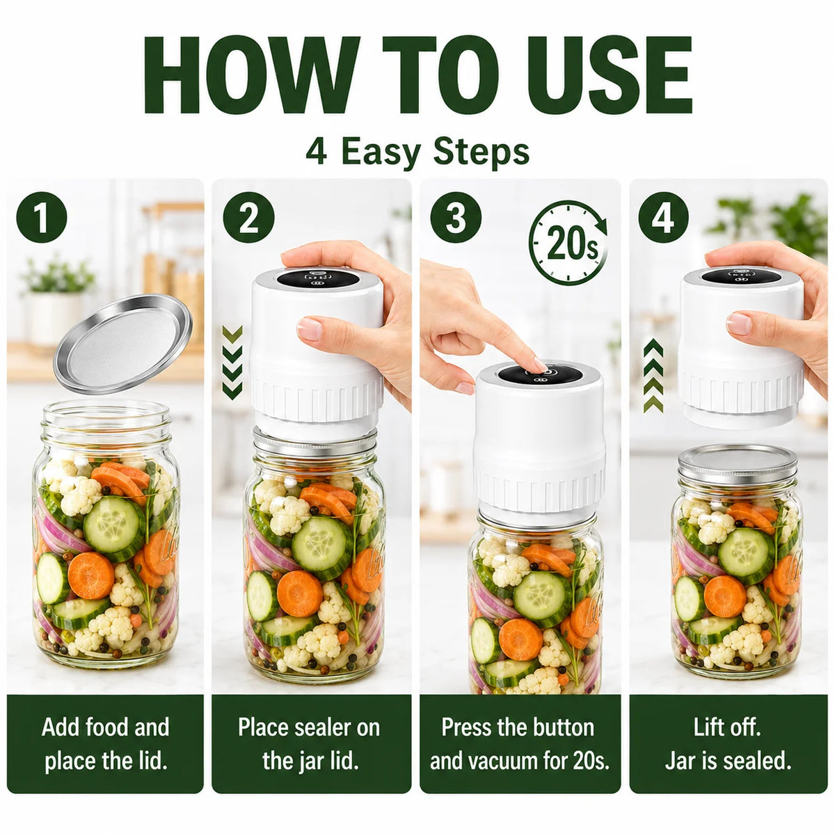 Portable Electric Vacuum Sealer Powerful Air Extraction LED Power Display USB Charging Compatible with Wide-mouth/Regular-mouth Mason Jars