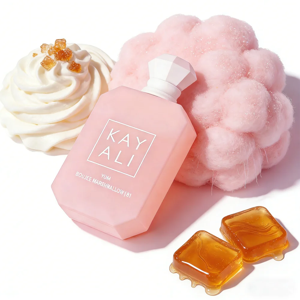 KAYALI Yum Boujee Marshmallow 81 EDP Intense: pink bottle, gourmand vanilla amber musk perfume for women.