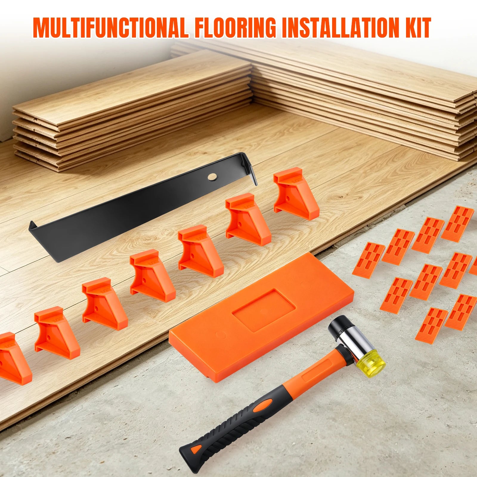 Multi-Piece Composite Floor Installation Kit, Hardwood Flooring Accessories Tool Set, Includes Floor Padding, Drill Blocks, Pull Rods, Rubber Hammer