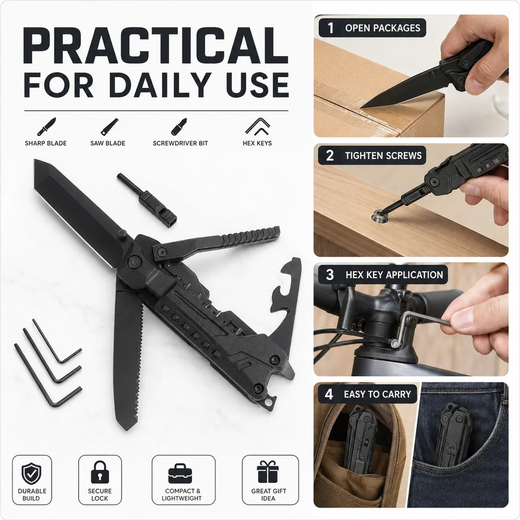 Folding Multi Tool with Utility Blade Saw Screwdriver Bit Hex Key Set Portable Outdoor Camping Repair Hand Tool