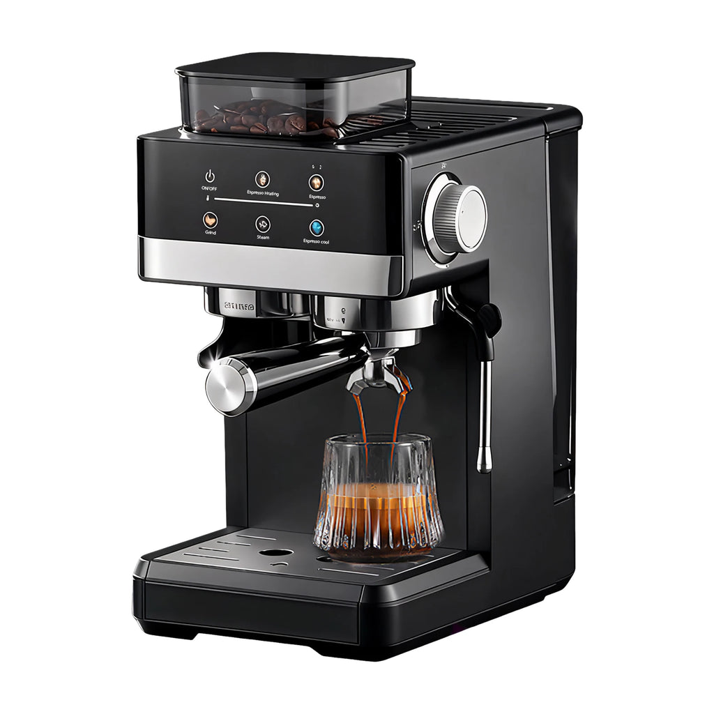 Black espresso machine with built-in bean grinder, touchscreen display, and glass cup on a drip tray.