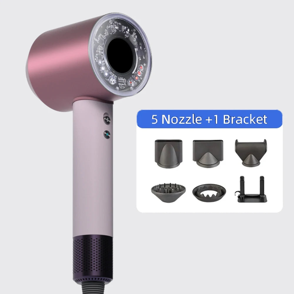 Rose gold 1200W ionic hair dryer with 5 nozzles and bracket, featuring a sleek, lightweight, professional design.