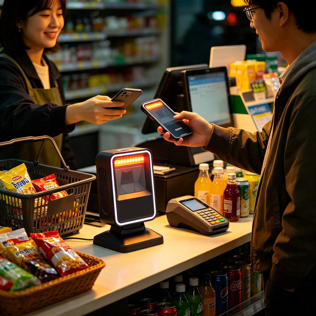 Desktop barcode scanner on counter with glowing LED scan window in use.