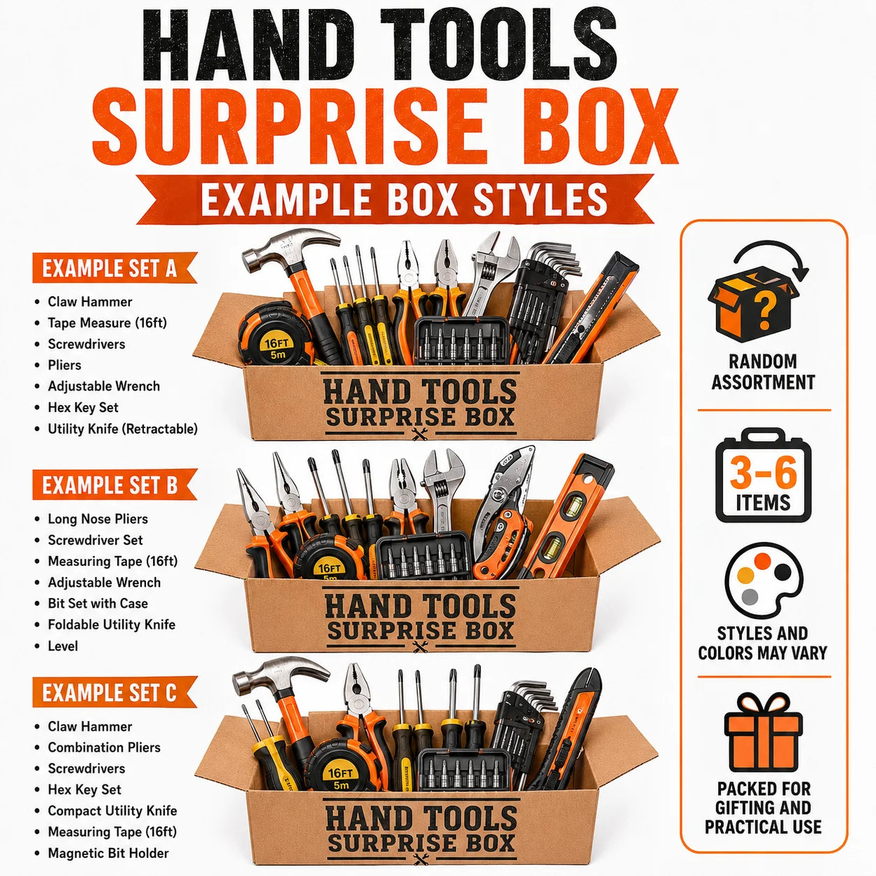 Hand Tools Surprise Box, 3–6 Random DIY Tools Set, Home Repair & Utility Tool Kit Bundle