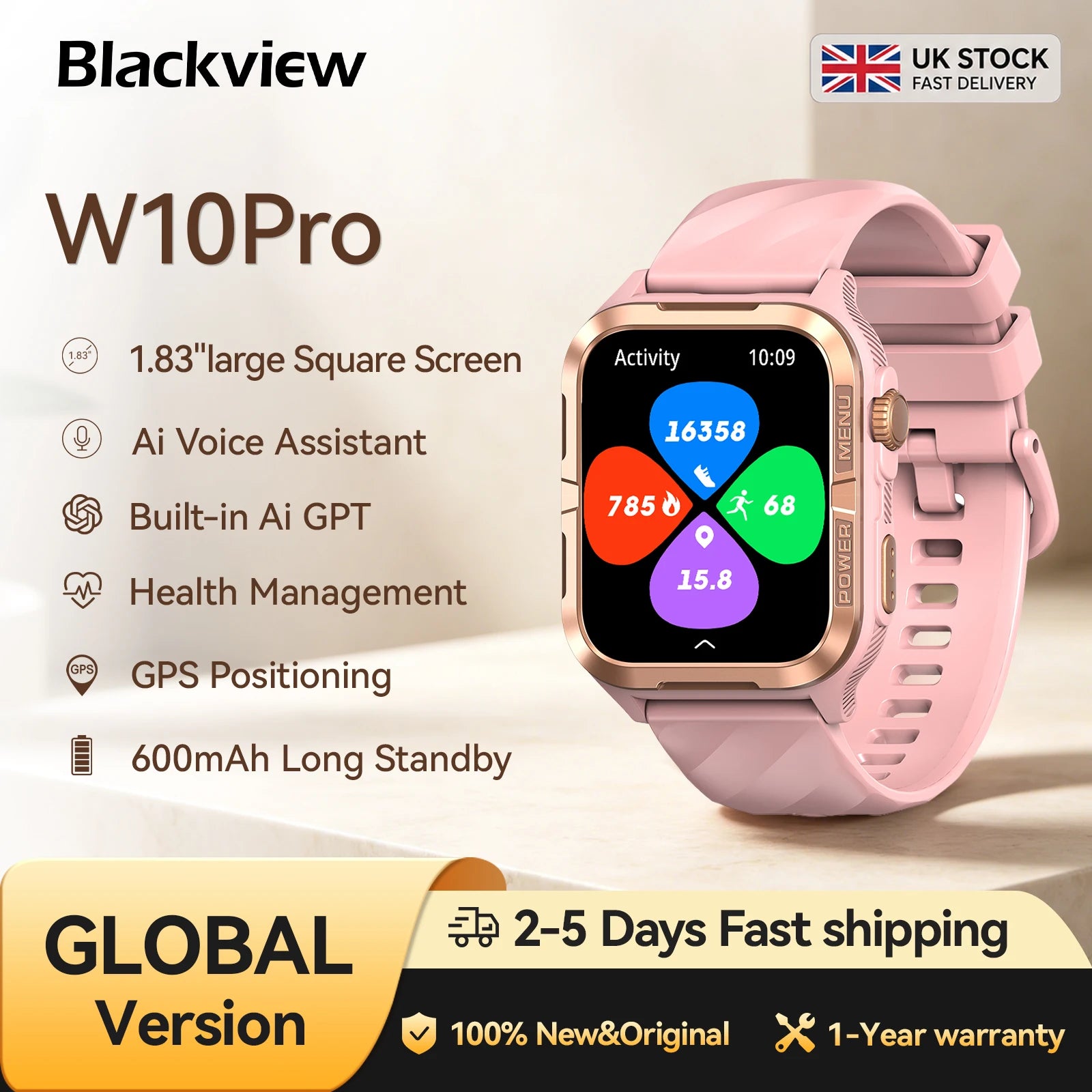Blackview 1.83'' Smartwatch Waterproof TFT Display Smart Watch with Message Call Sleep GPS LED Light for Men Women W10 Pro