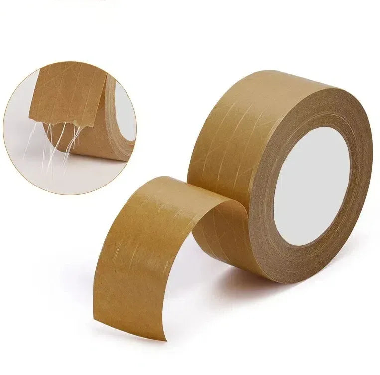 Rolls of kraft paper tape with a curved strip end, natural brown packaging tape