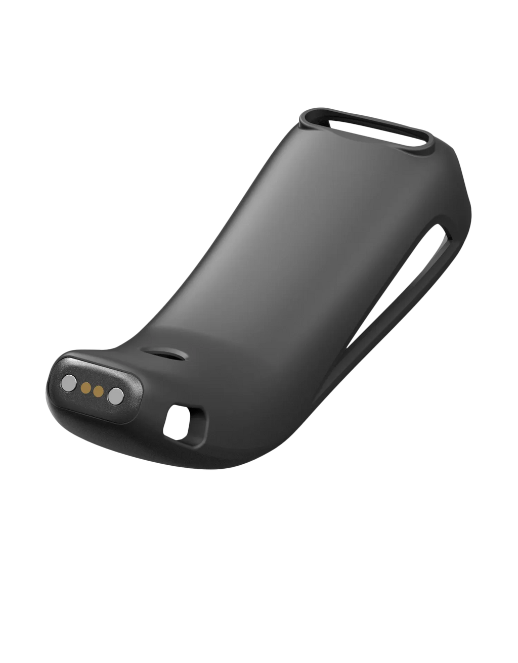Barcode scanner charging base with front window contacts and curved matte body