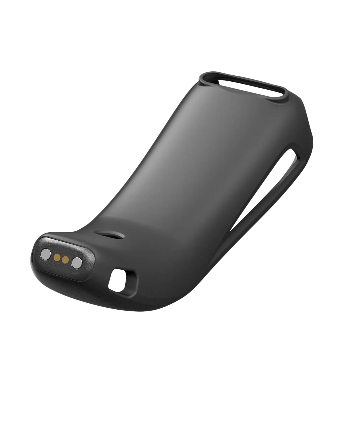 Barcode scanner charging base with front window contacts and curved matte body
