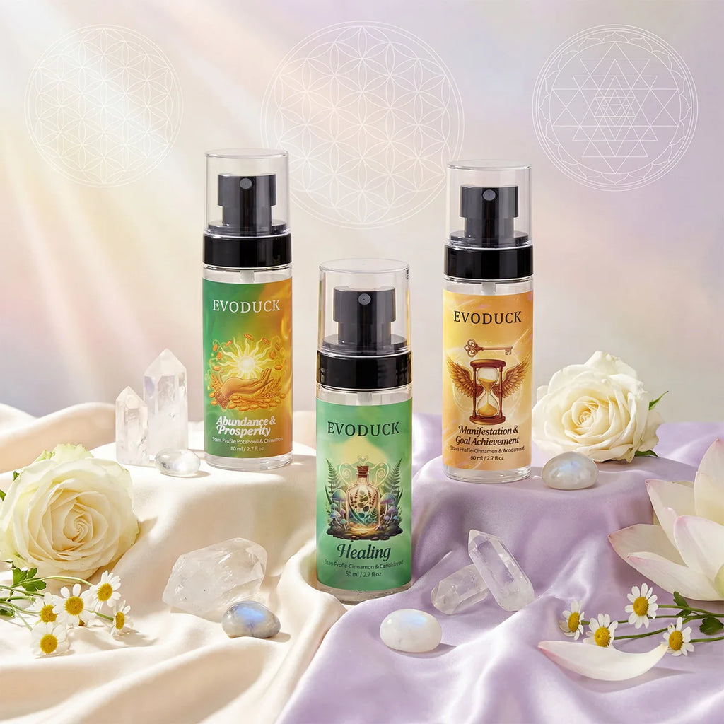 Evoduck 2.7oz travel size body spray for women. Patchouli & cinnamon fragrance mist in sleek clear pump bottles.