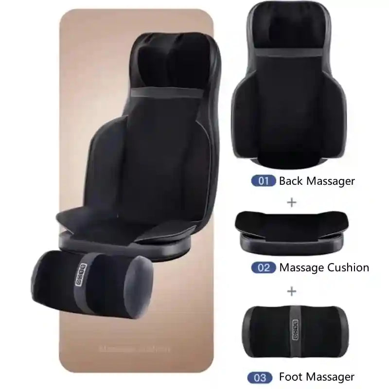 Black 3-piece shiatsu massage chair pad set with back massager, seat cushion, and cylindrical foot massager.