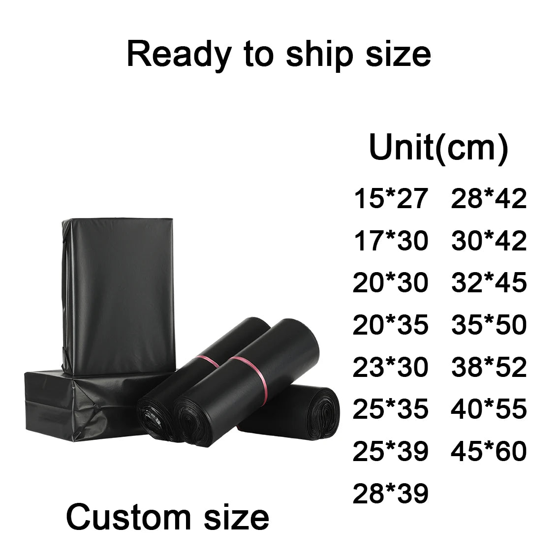 Black poly mailer bag size chart with unit(cm) and ready to ship dimensions