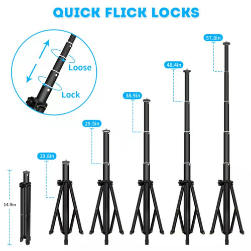 Black telescopic tripod stand with twist-lock joints, adjustable from 14.9 to 57.8 inches for camera mounting.