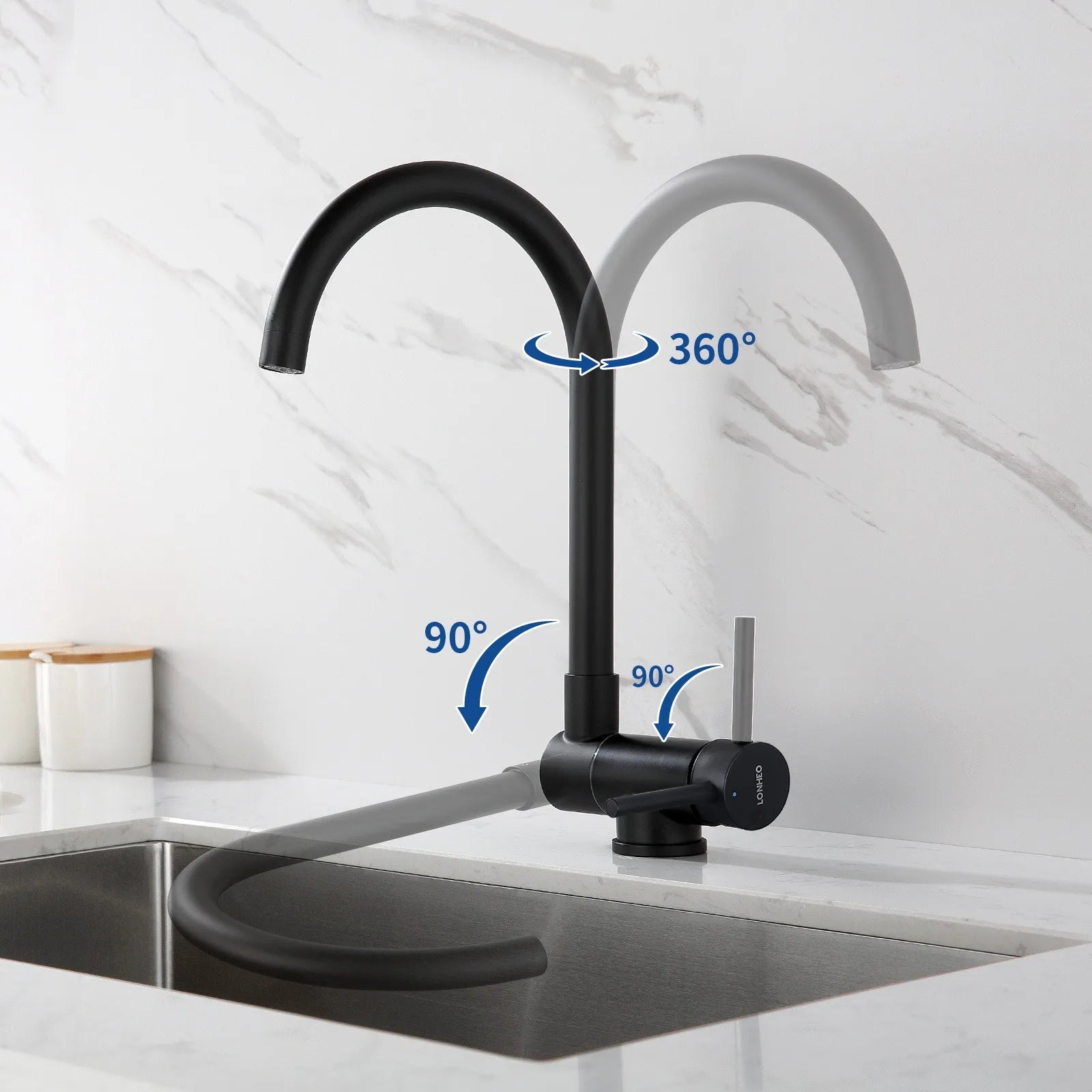 Black Folding Kitchen Mixer, Foldable Kitchen Faucet Against Window in 304 Stainless Steel, 360° Swivel Kitchen Faucet