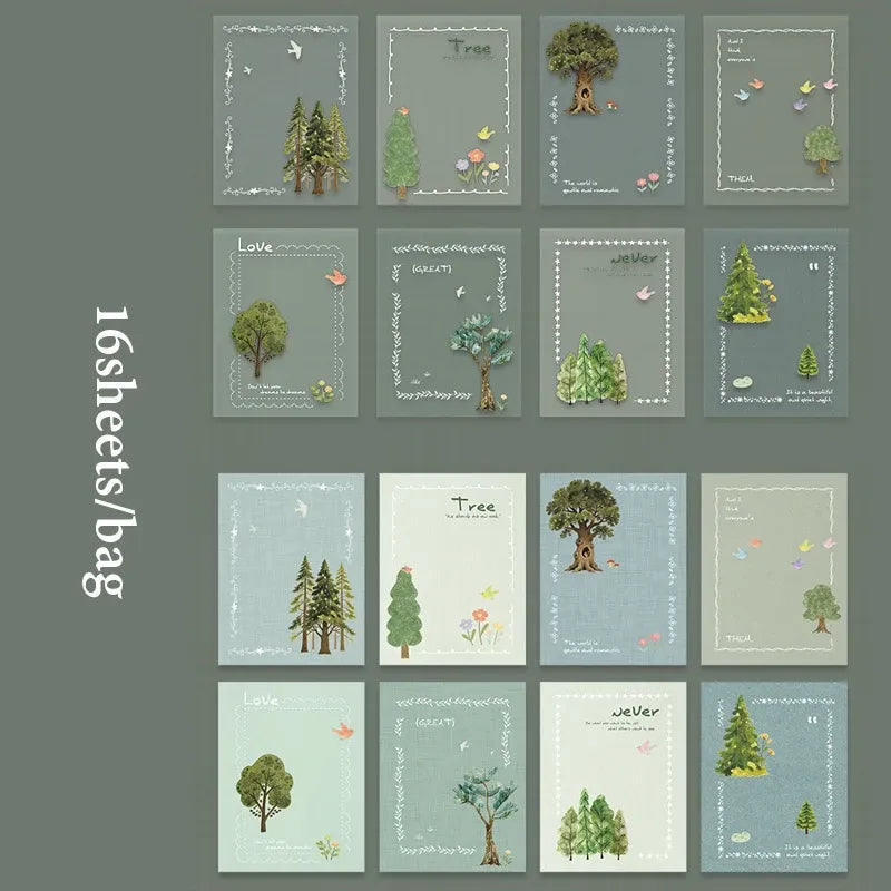 Manuscript-style sleep sticker pack with trees, birds, and decorative borders