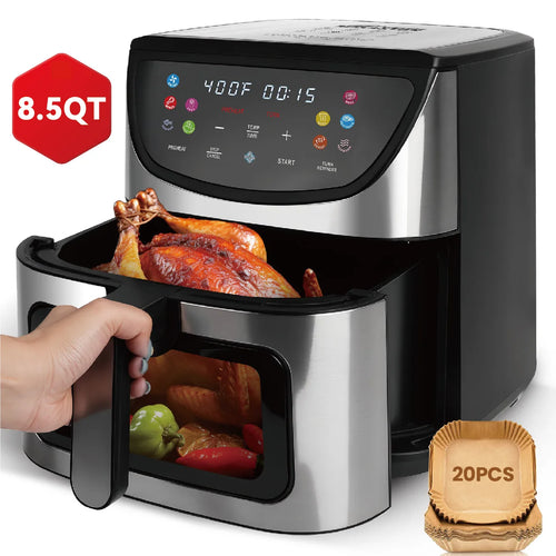 Black air fryer with open basket and view window, digital control panel on top